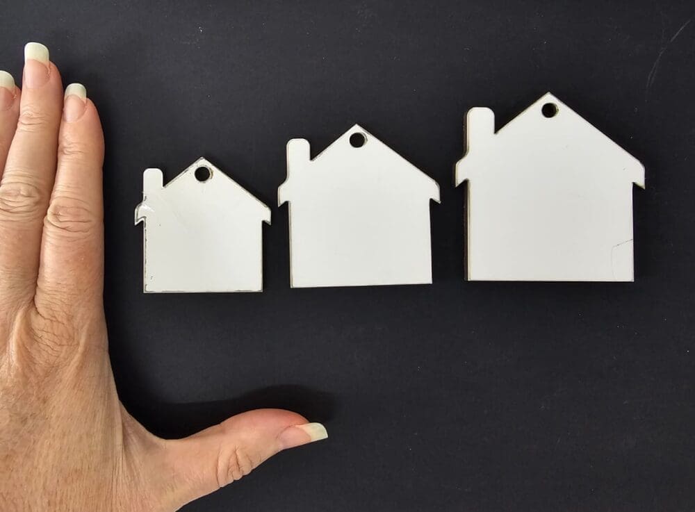 MDF House Keychain3 Laser Sublimation Blanks : Glossy MDF 3mm Single or Double Sided Sublimation House Keychain with split keyring & clip (S, M, L)